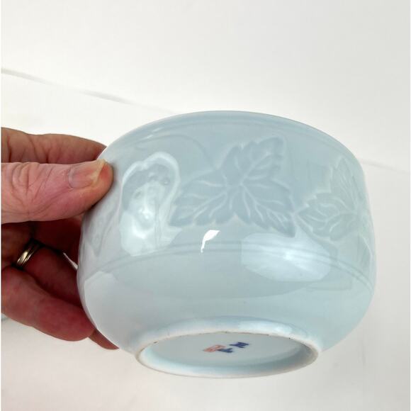 Blue Asian Celadon Pottery Bowl Set with Strawberry Pattern - Picture 5 of 8